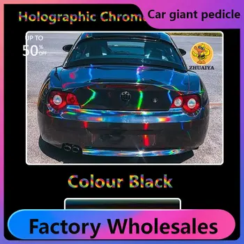 1.52X18M Rugalmas Fekete Holografikus Chrome vinil-Wrap Öntapadó Fólia Matrica Levegő-Kibocsátás Buborék Szabad DIY autófóliázás Roll