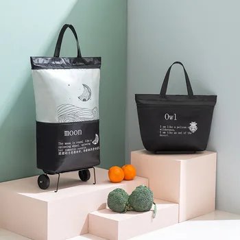 2023 Összecsukható Bevásárló Táska, Kosár Kerekek Oxford Kis Húzza a Nők Vásárolni Zöldséget Szervező Tug Csomag