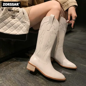 A nők Térd Magas Western Csizma, Alacsony Sarkú Cipő 2023 Új, Eredeti Bőr divat Hímzett Női Hosszú Cowboy Csizma Téli cipő