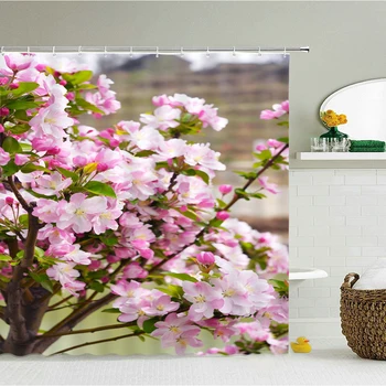 Cseresznyevirág Zuhanyfüggöny Tavaszi Akvarell Rózsaszín Cseresznye Virágos Táj Vízálló Képernyőn Horgok Fürdőszoba Kád Függöny