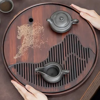 Hordozható Lemez Tea Tálca Kerek Haza Teaware Hivatal Vintage Bambusz Tálca Coffeeware Étel Bandeja Bambu Tea Csésze Tartozékok