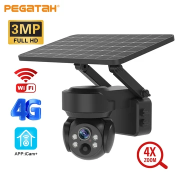 PEGATAH 3MP Napelemes Kamera Kültéri 4G/Wifi Biztonsági IP PTZ Kamera, 4X Optikai Zoom mozgásérzékelés éjjellátó Biztonsági Kamerák
