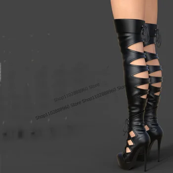 Szilárd Matt Bőrből Kivágott Csizma Platform Több, Mint A Térd Cipő Női Csipke Hegyes Toe Divat Zapatillas Mujer