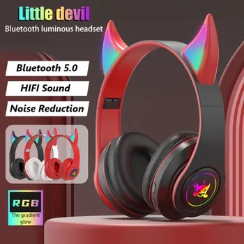 Ördög Fül Bluetooth Fejhallgató Mikrofon Sztereó Zene RGB Villogó Mobiltelefonok Pc Gamer Gaming Headset Gyerek Fiú Ajándék