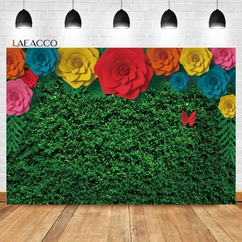 Laeacco Születésnapi Fotó Háttérrel, Zöld Fű Fal Növények Levelei Pillangó Portré Fotózás Hátterekkel, A Fotó Stúdió